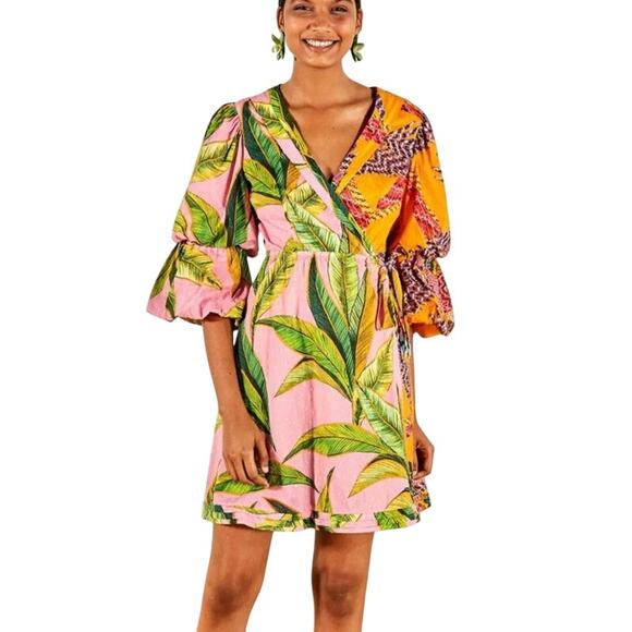Farm Rio Mixed Print Tropical Wrap Mini Dress XS - Picture 1 of 12
